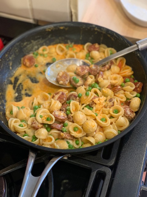Chorizo pasta with peas